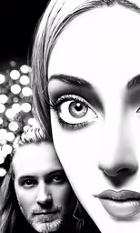 two photos of people and lights are in the background