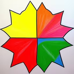 a colorful drawing of a sunflower,a drawing of a colorful, leaf like object,a picture of a four section colorful leaf,a drawing of a colorful maple leaf with multiple colors,a paper image of four colorful leaves