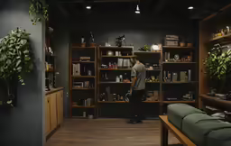 a man standing in a very dark room with lots of plants