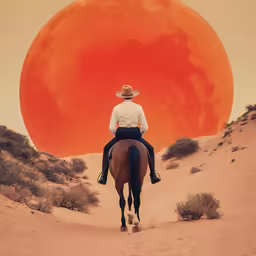 a cowboy is riding a horse through the desert with a giant orange moon in the background
