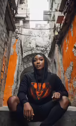 a woman is sitting on a ledge near an orange wall