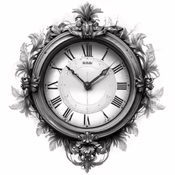 an artistic clock with roman numerals is shown