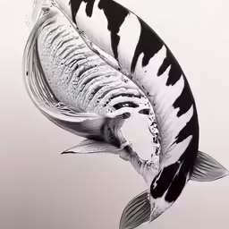 two large black and white fish in the water