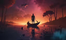there is a man standing on the front of a boat at sunset,a man is standing in a boat and staring into the distance