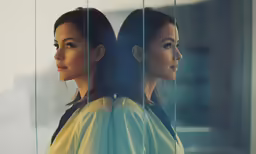 two women are facing each other behind a glass