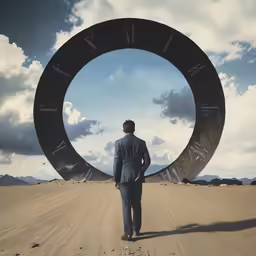 a man walks in front of a massive clock statue in the desert