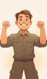 an animation of a boy in uniform holding his fist up