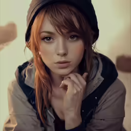 a young woman with long hair and a hat