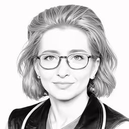 an older woman wearing glasses in front of a white background