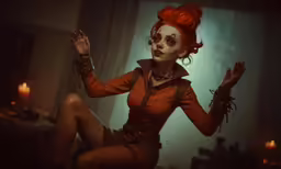 a 3d illustration of a woman in costume sitting down