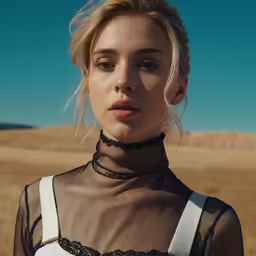 a woman with blonde hair wearing a sheer mesh shirt