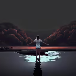 a girl is standing on a rock in the middle of the water