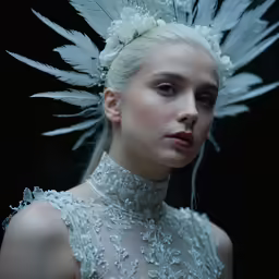 white haired girl wearing feathered dress against a dark background