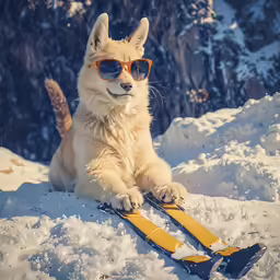 a dog wearing sunglasses, sitting on a snow covered mountain