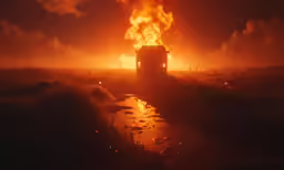 a semi truck is driving through the night