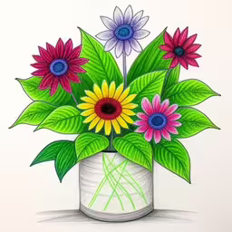 a drawing of a flower bouquet with leaves in a vase,there is a drawing of flowers in a pot on the table,a drawing of a vase filled with flowers on a table,a drawing of a vase full of daisies,colored drawing of colorful flowers in white vase