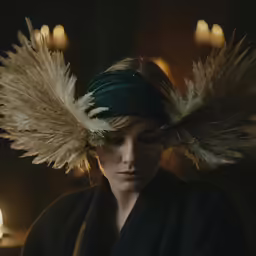 woman with gold feathers and black dress with candles