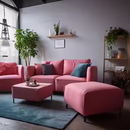 a living room with several pink couches and chairs