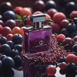 an assortment of fruit sitting next to a bottle of perfume