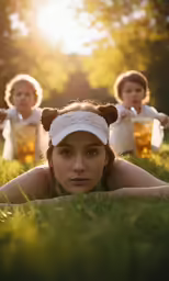 two girls with teddy bears on their heads laying in the grass