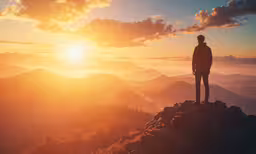 a person is standing at the top of a mountain while the sun sets