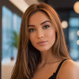an attractive woman looking at the camera while standing in a room