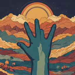 a large hand coming out from the clouds and rising up into the air,an illustration of someones hands reaching for the moon