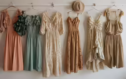 four dresses hanging on a rack with hats