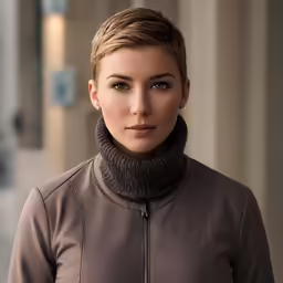 woman in brown jacket standing near building
