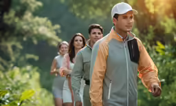 three people hiking down the woods on a sunny day