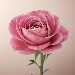 a pink flower with green stems sitting in a vase