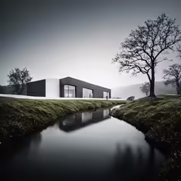the minimal home is surrounded by a stream