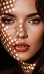 a woman with bright brown eyes and light spots covering her face