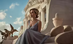 a woman wearing a long dress in front of ancient sculptures