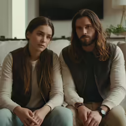 the young couple are seated on the couch looking at something