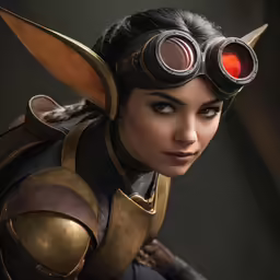 a woman in full armor with goggles and red eyes