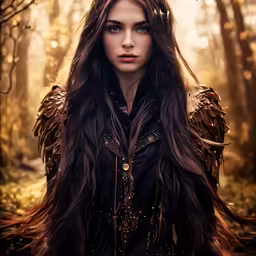 the young girl is dressed in an intricate dress and feather cape
