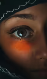 a woman wearing a head dress is holding onto a black cellphone