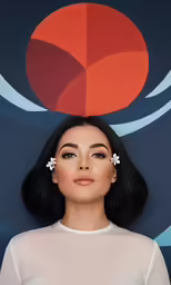 an asian woman with black hair and flower in her hair