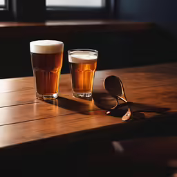 two mugs sitting next to each other on top of a wooden table