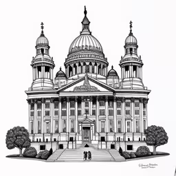 an architectural drawing of the texas state capitol building,the capitol building is sketched in black and white
