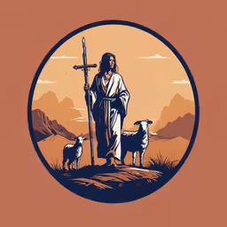 jesus with sheep looking at him on the mountain,a painting of a jesus standing with sheep