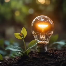 the bright light bulb is lit on the small tree in the soil