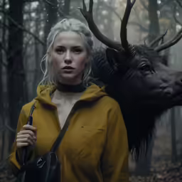 woman with yellow top and deer in background in forest