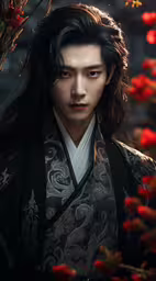 a male in an asian costume and with long hair,an oriental man standing in a tree with red flowers