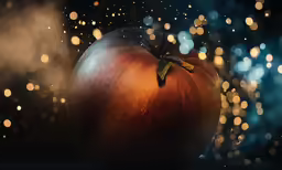 a close up of a wet, rotten, red apple