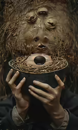 a woman with the face of a dog holding a bowl to her face