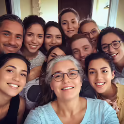 several smiling people taking a picture with their heads close
