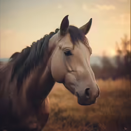a horse looks to the right while standing in a grassy field