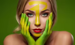 the beautiful blonde woman has painted her face yellow